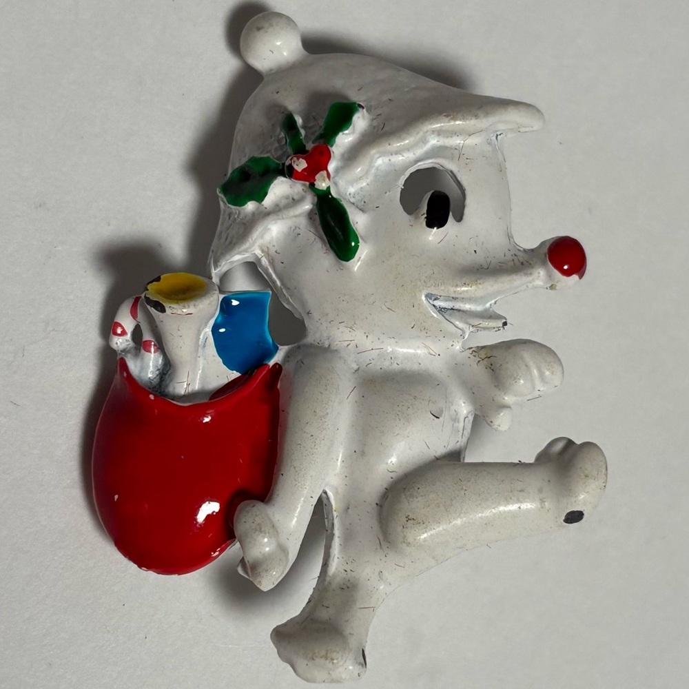 Vintage elf dog Holiday Brooch - White and Red